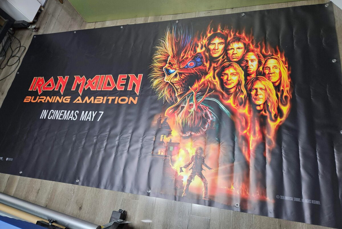 Burning Ambition 4m x 2m vinyl banner — actual banner from the Iron Maiden Burning Ambition film premiere at Leicester Square